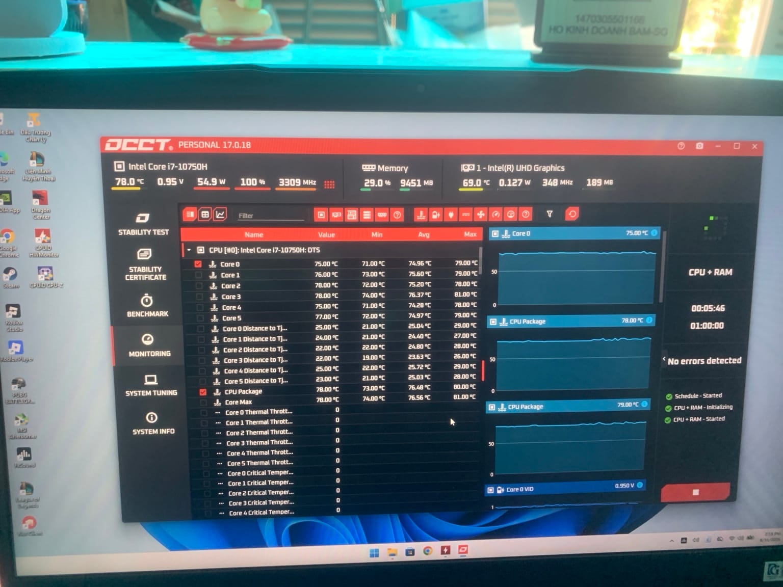 OCCT stress CPU sau khi sử dụng PTM trên laptop i7-10750H